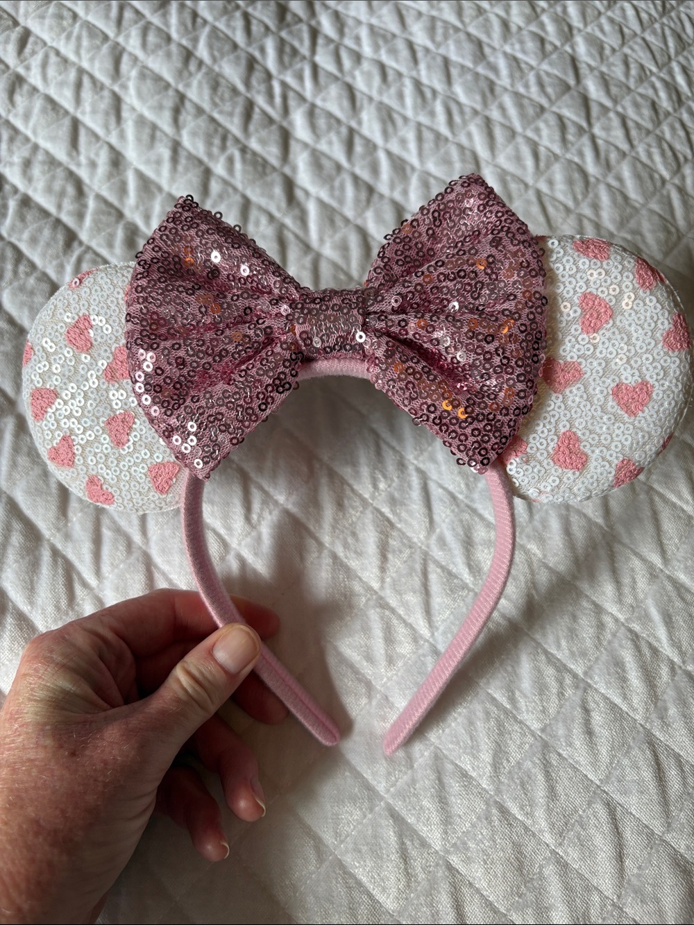 Pink Sequin Bow Mouse Ear Headband with heart details NWOT